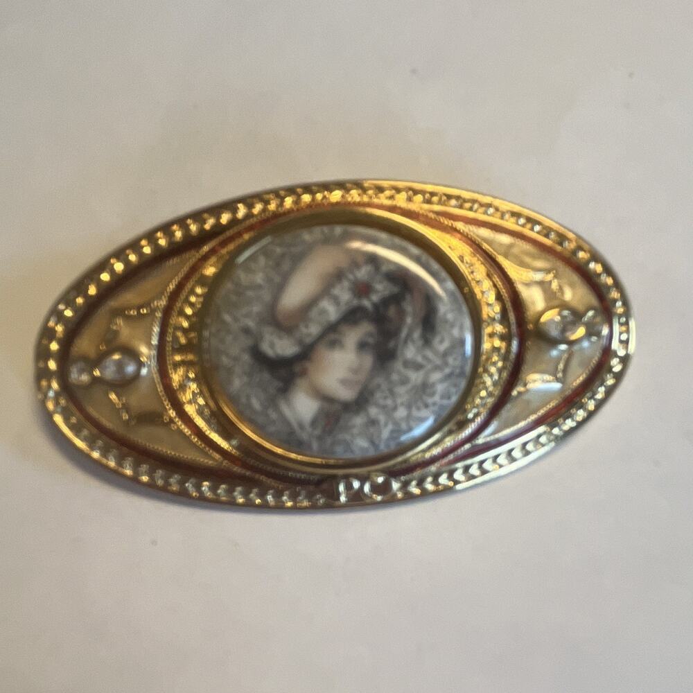 Gold Tone Oval Cameo Style Brooch Pin - Metal & Plastic, Multicolor